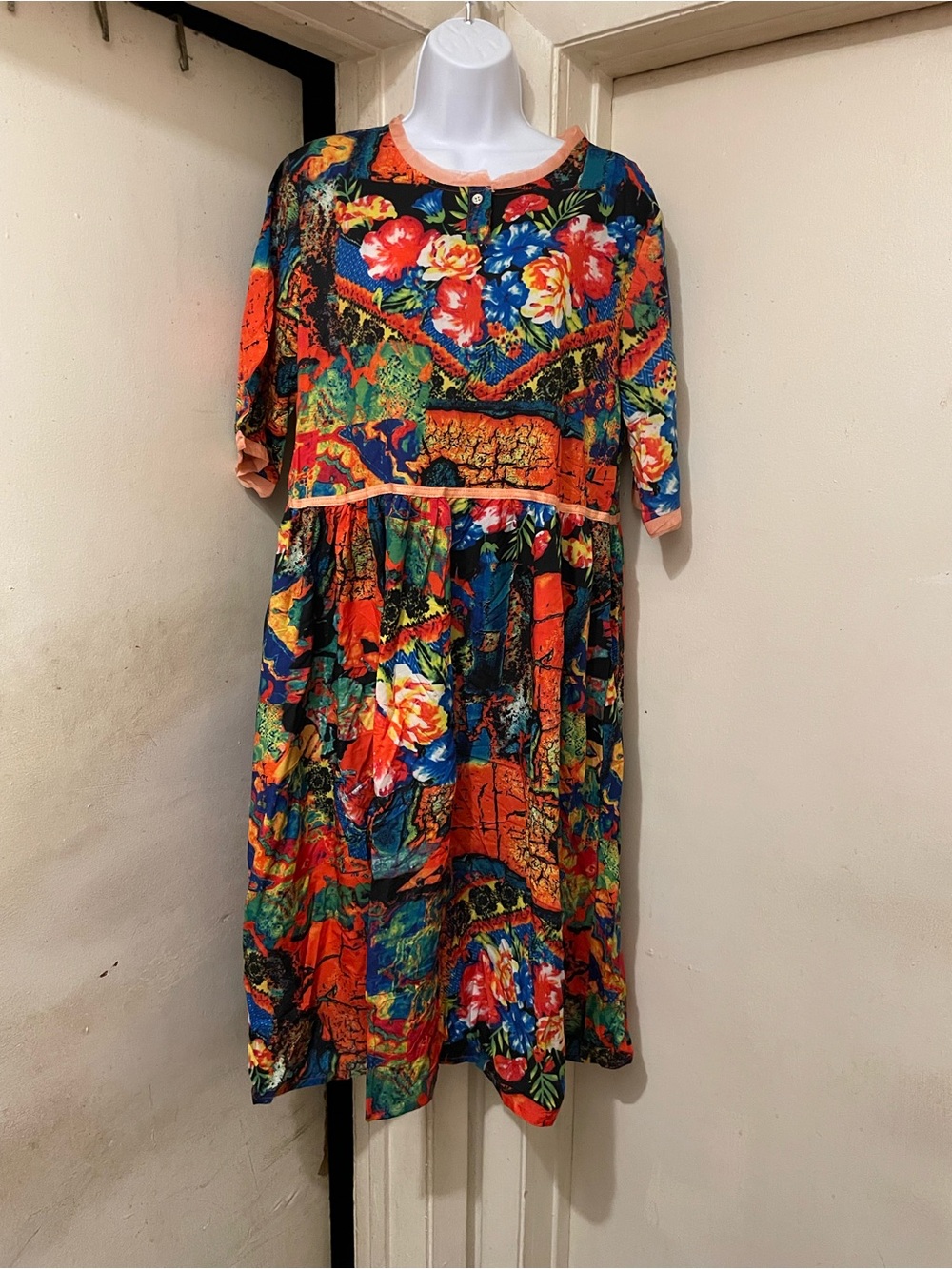 Women’s 3XL Plus Multicolor Floral A-Line Midi Dress Round Neck 3/4 Sleeve